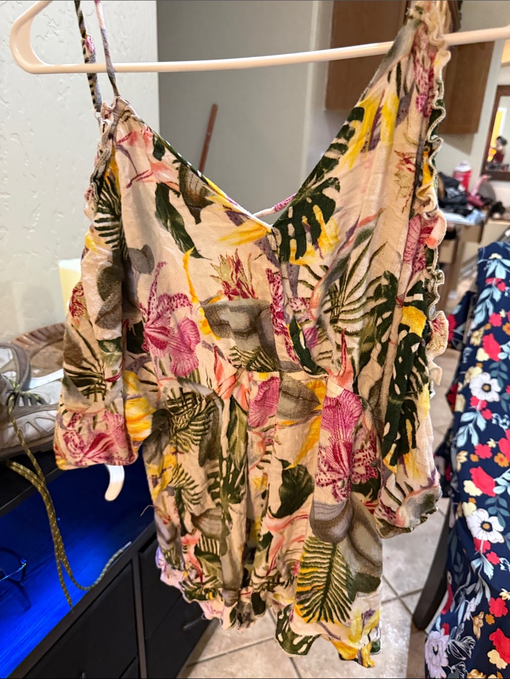 Floral Tropical Asymmetrical Women's Dress - Pink, Green & Yellow